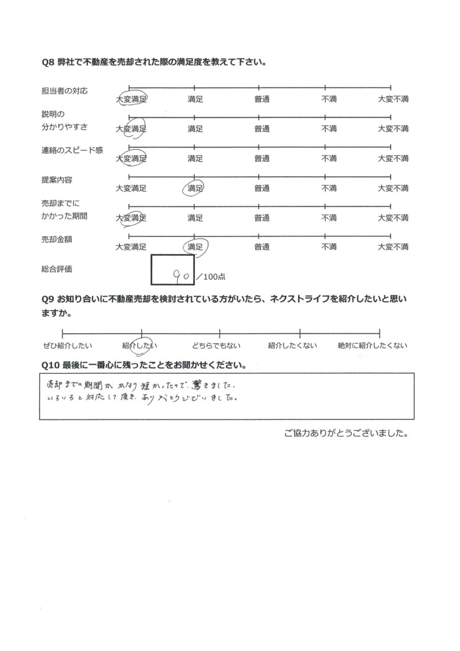倉敷市茶屋町　中古住宅 アンケート裏面