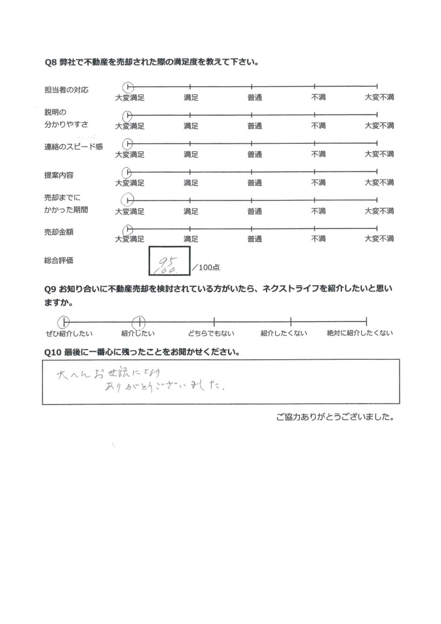 相続不動産を、無事売却出来安心 アンケート裏面