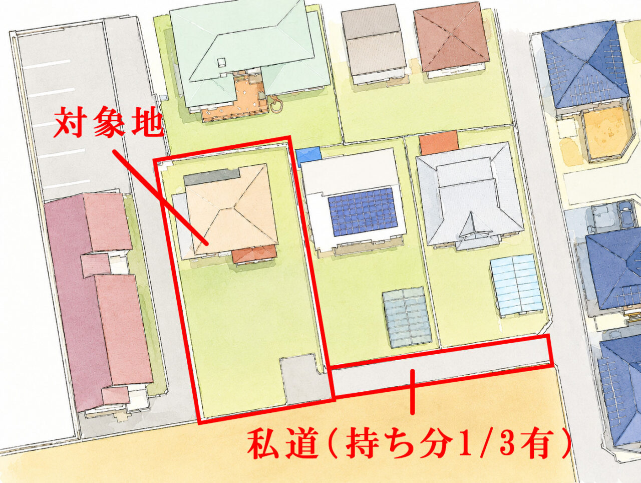 対象地の図解です。私道は幅員約4m。庭を広くとれるので、車の出入をスムーズにする設計も可能です。