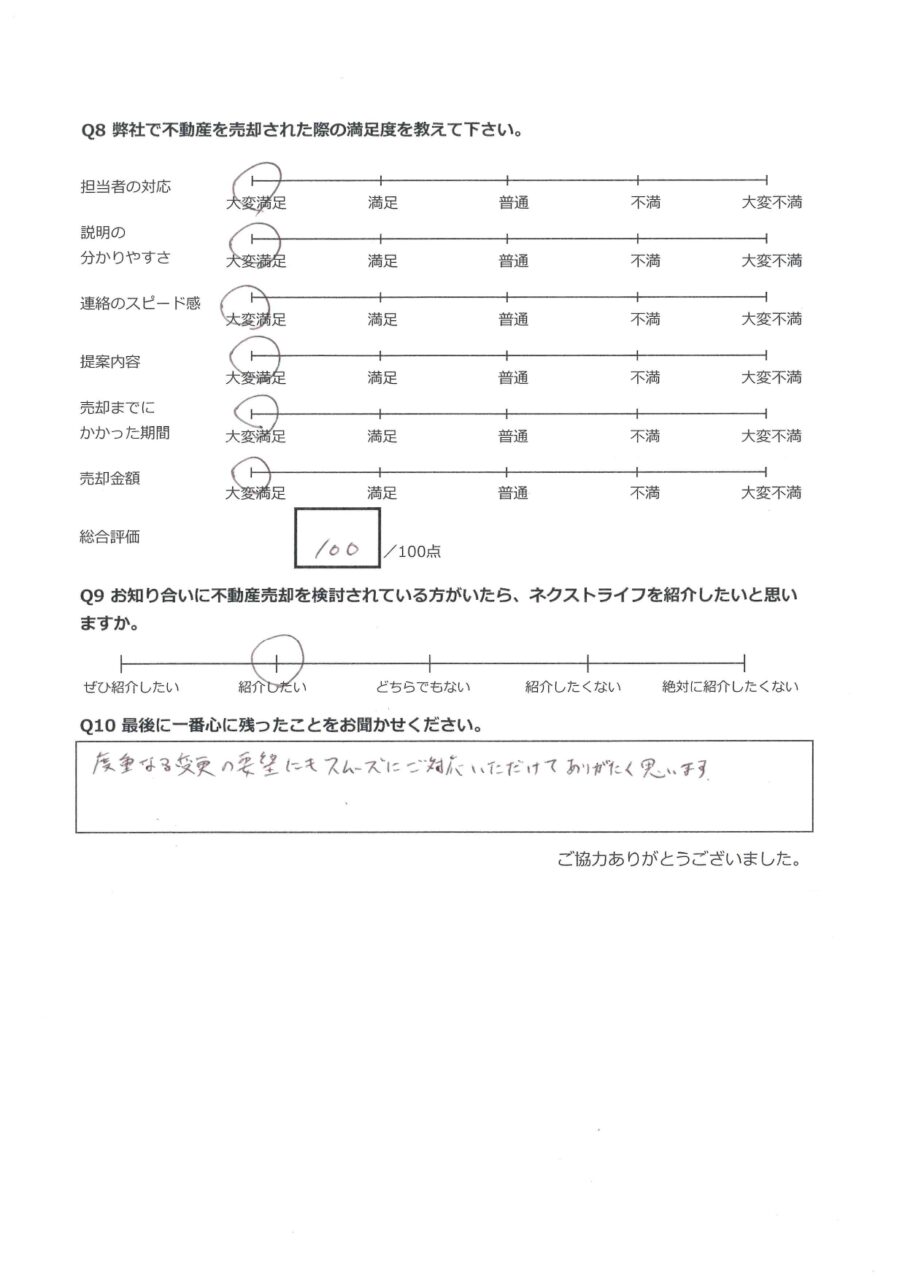 スムーズに対応頂いた【浅口郡里庄町新庄】 アンケート裏面